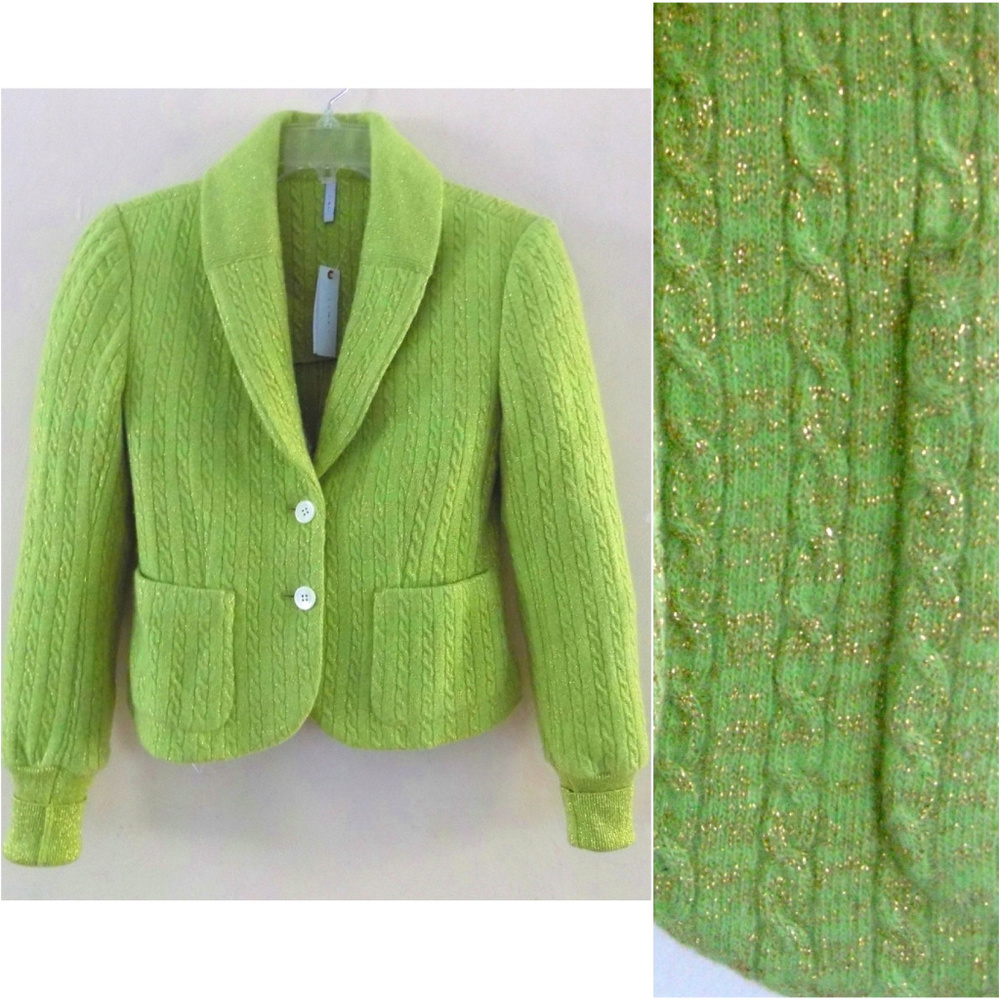 NWT Glittery sweater jacket 6 $348 Green Metallic gold Wool bl knit Cable IISLI